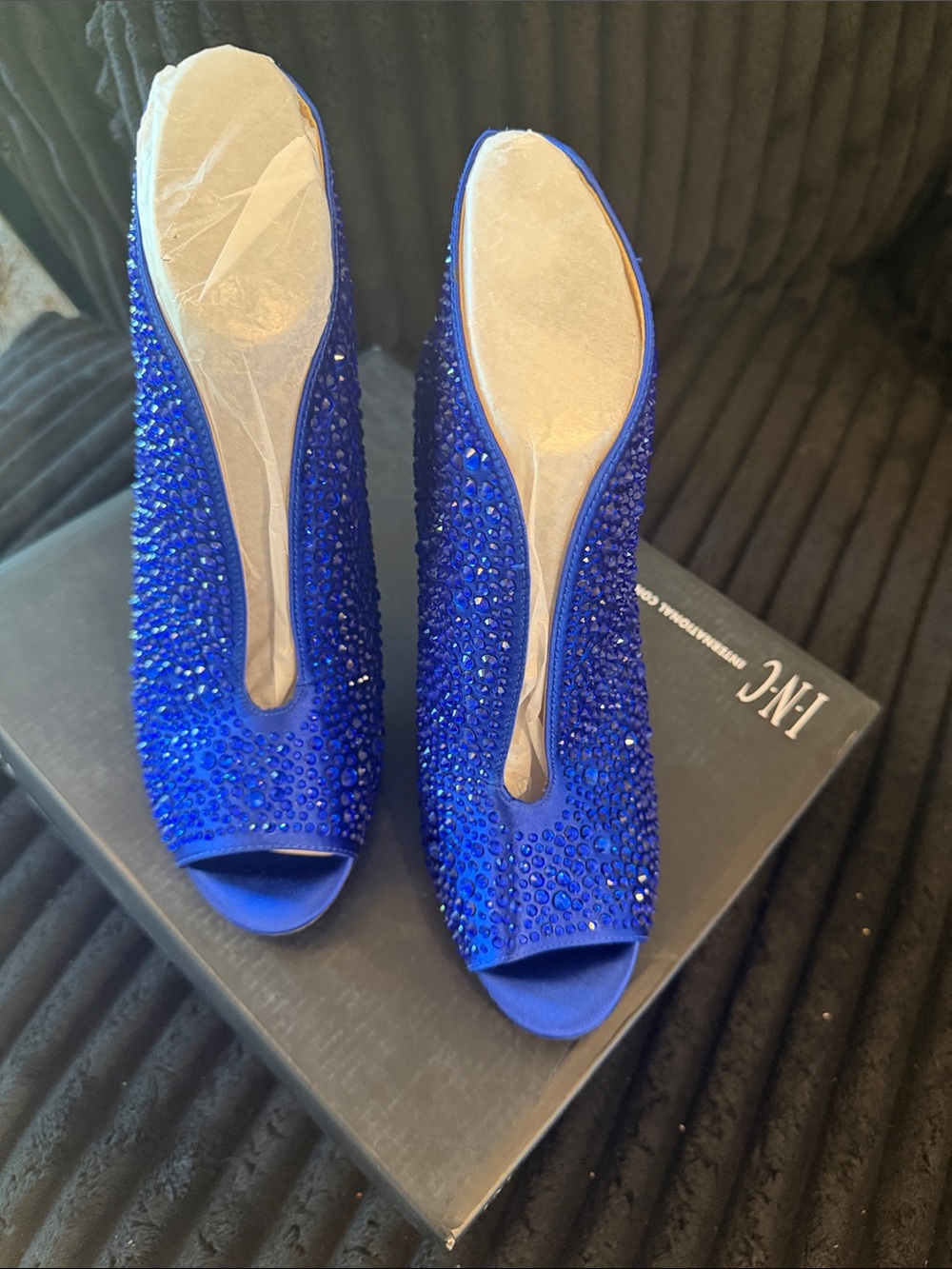 INC International Concepts Cobalt Blue Crystal Embellished Peep-Toe Heels